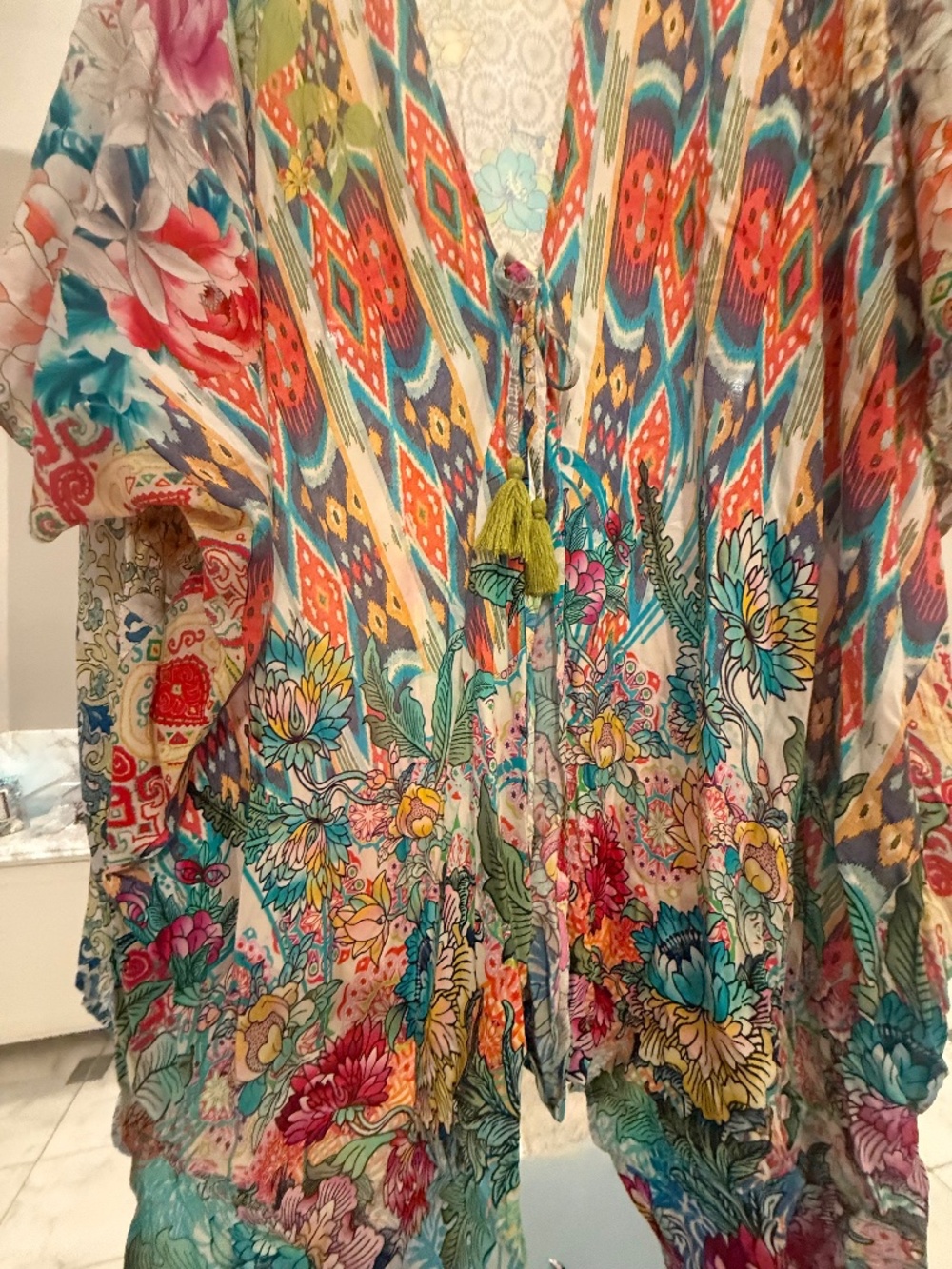 Johnny Was Pearce Silk Kimono | Vibrant Boho Floral Tassel Tie - Picture 5 of 12